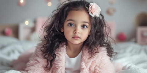 Cute little girl wearing a pink fur coat, a flower hairpin, sitting on the bed with a soft blanket