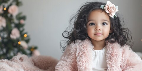 Cute little girl wearing a pink fur coat, a flower hairpin, sitting on the bed with a soft blanket