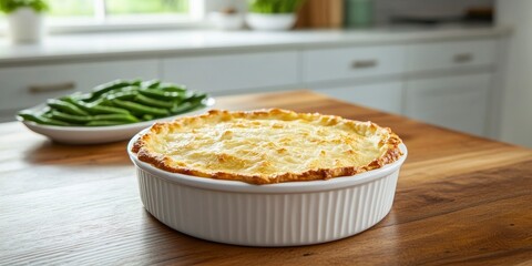 cheesy pie in round dish on a wooden table, with green beans in the background at kitchen