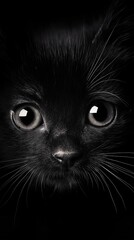 Close-up portrait featuring a black kitten emerging from a dark background, captivating eyes drawing viewers in with an intense and mysterious gaze, evoking emotions of curiosity and innocence