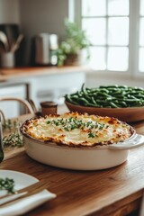 cheesy pie in round dish on a wooden table, with green beans in the background at kitchen