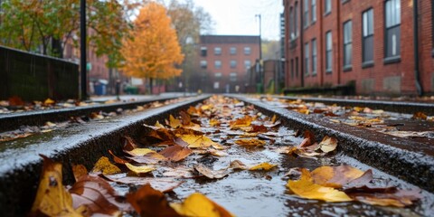autumn leaves on street tracks, wet ground red brick buildings in the background