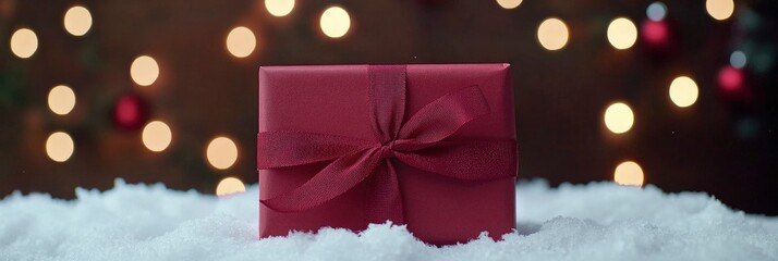 Red gift box with a ribbon on snow against a blurred lights background
