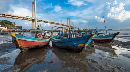 Obraz premium Fishing boats waiting for high tide to go back to the sea. Captured at Suramadu bridge area, Surabaya Indonesia, Aug 2015.