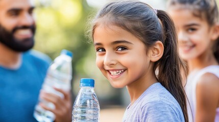 A young girl is smiling and holding a bottle of water