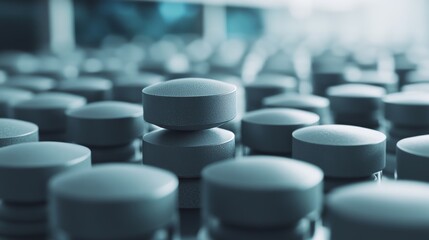 Fototapeta premium Gray colored large capsule medicine packages on top of each other.