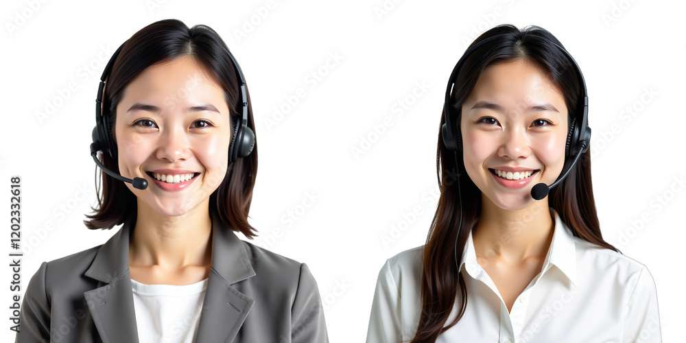 Aufkleber a smiling asian call center worker is shown in isolation on a white background wearing a headset. 00
