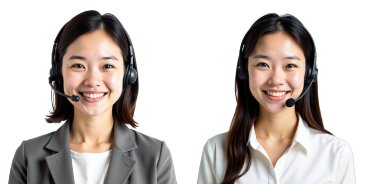 A Smiling Asian Call Center Worker Is Shown In Isolation On A White Background Wearing A Headset. 00001