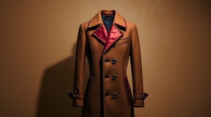 stock photo  A mocha mousse overcoat with dark red holographic accents and metallic buttons, sharply lit with strong hard light.