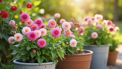 Blooming dahlias in pots under bright afternoon light, urban gardening