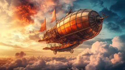A stunning steampunk airship gracefully sails through vibrant clouds at sunset, showcasing intricate metallic details. Steampunk Airship Adventure. Illustration