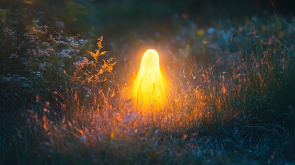 Glowing ghostly presence surrounded by silent nature in darkness