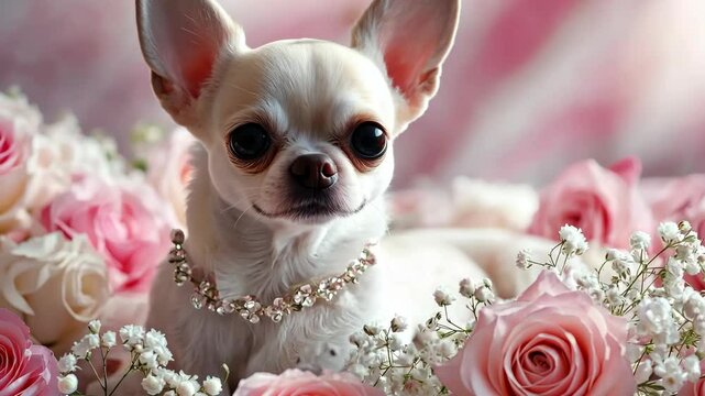 Adorable chihuahua dog posing with roses and baby's breath flowers