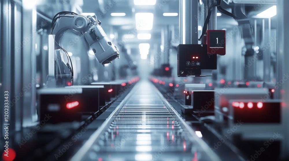 Poster a still shot of a robotic packaging line where machines efficiently box and seal products with a foc