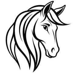 A majestic and graceful horse head in minimalist line art, featuring flowing curves and sharp details to represent strength and freedom.