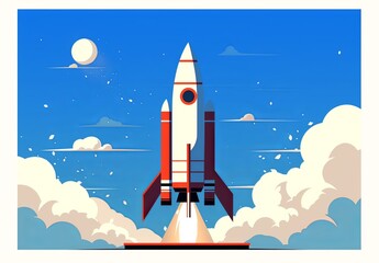Fototapeta premium Rocket Taking Off with Cinematic Lighting, Simple Flat Design on Sky-Blue Background with Clouds, Red and Gray Color Palette
