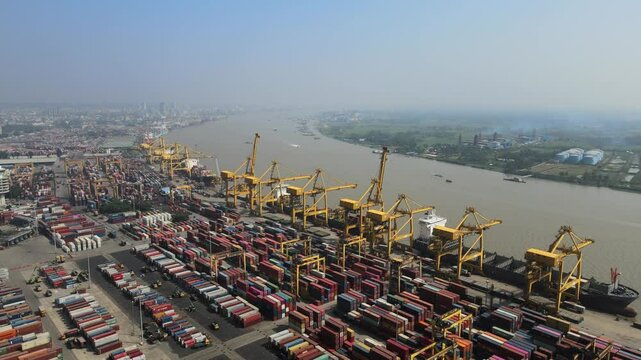 Aerial Drone View of Chittagong Port &ndash; Major Shipping Hub in Bangladesh. Global Business