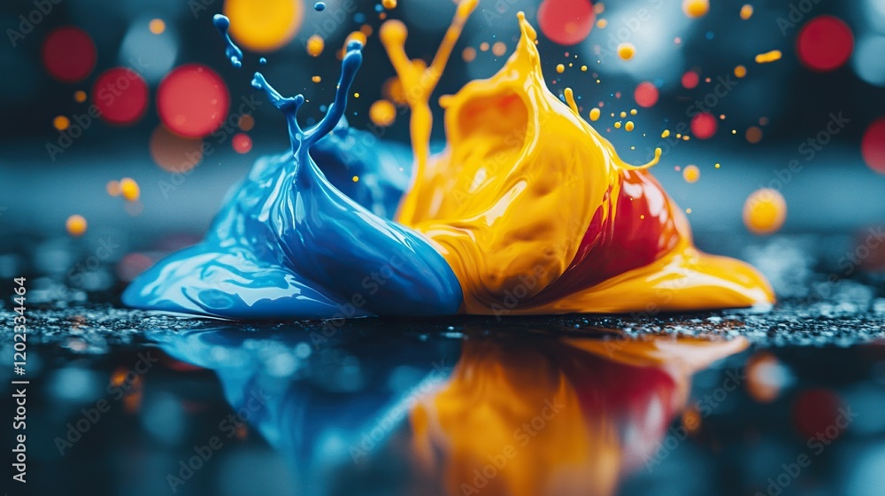 Poster colorful paint splash collision on dark surface with bokeh background