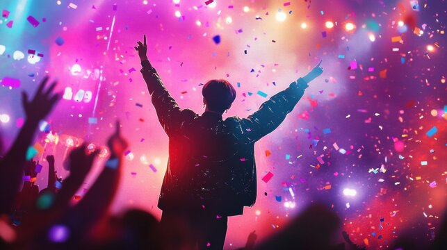 K Pop idol captivates audience in vibrant concert performance filled with confetti and lights. Generative AI