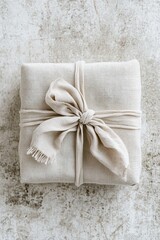 Gift wrapped in natural linen fabric features a delicate hand-tied bow, beautifully placed on a neutral background that enhances its organic warmth and elegance, creating a serene presentation