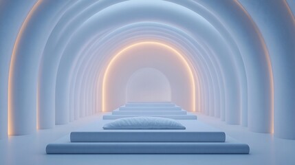 Serene minimalist white arched hallway with soft lighting and platforms.