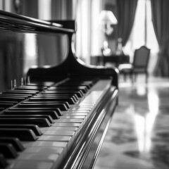 Elegant Piano Display in a Scenic Setting with a Refined Background, Highlighted by Soft Ambient Lighting and a Tranquil Atmosphere, Perfect for Capturing the Timeless Beauty and Sophistication of Pia