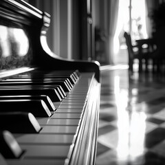 Elegant Piano Display in a Scenic Setting with a Refined Background, Highlighted by Soft Ambient Lighting and a Tranquil Atmosphere, Perfect for Capturing the Timeless Beauty and Sophistication of Pia