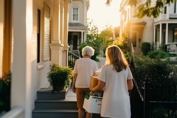 Acts of Service. Love Languages theme. Supporting, giving and caring. A woman assists her elderly neighbor with groceries, showcasing kindness and community support.