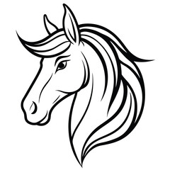 A majestic and graceful horse head in minimalist line art, featuring flowing curves and sharp details to represent strength and freedom.