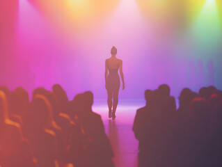 Model walking confidently on runway with colorful lights and audience in background