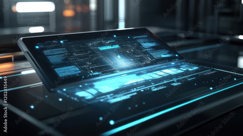 Poster an ar display hovering above a tablet showcasing a 3d model of the factory layout. the screen featur