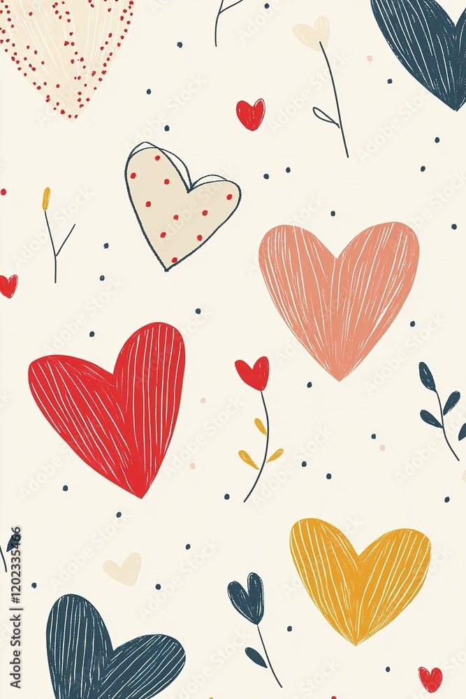 Poster this nordic-inspired design features whimsical hand-drawn hearts and a subtle geometric pattern, all