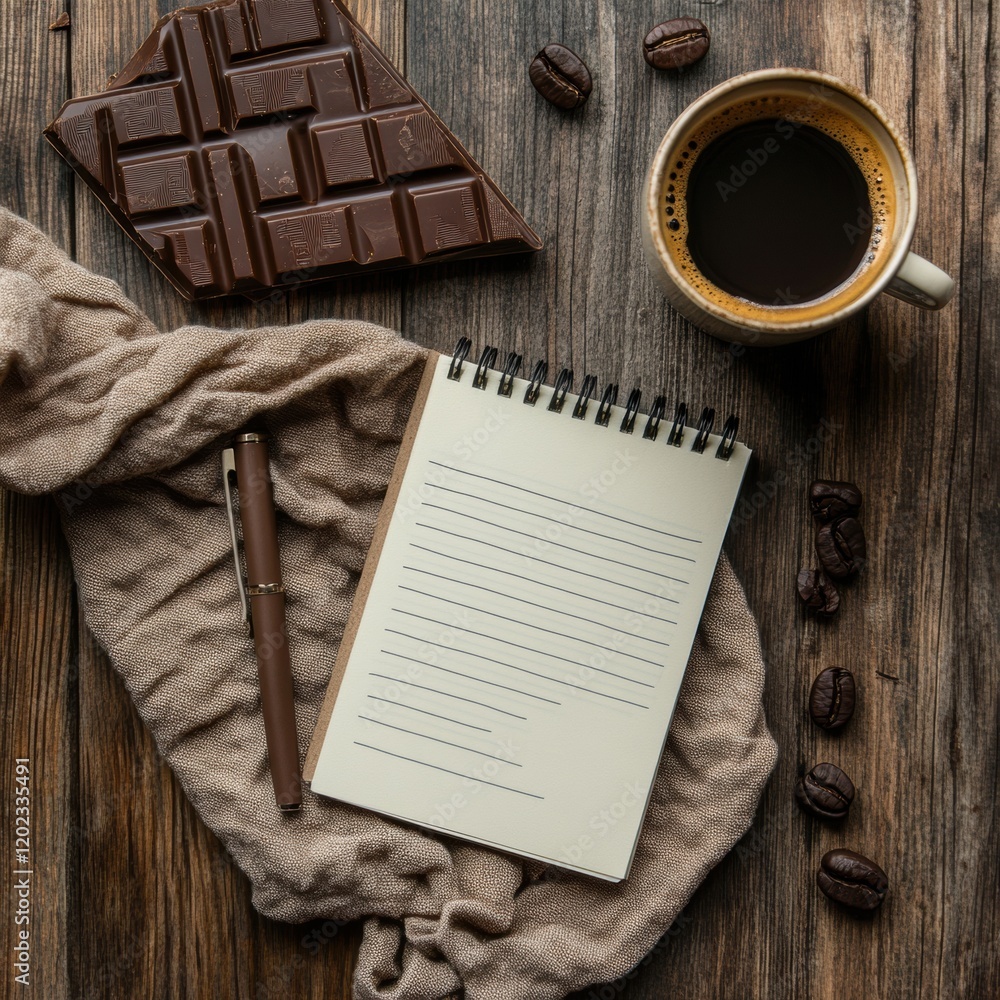 Poster cozy coffee and chocolate setup with notepad and pen on rustic wooden table for relaxing moments. ge