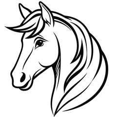 A majestic and graceful horse head in minimalist line art, featuring flowing curves and sharp details to represent strength and freedom.