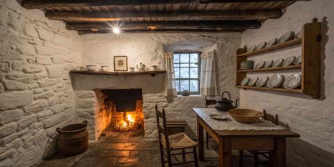 Cozy rustic kitchen with a warm fire in a traditional stone cottage