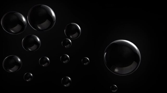 Abstract wobbling spheres in 3D space with glossy black surface, ambient light and shadows, concepts, ideas, 4k, transparent background with alpha channel, seamless loopable element