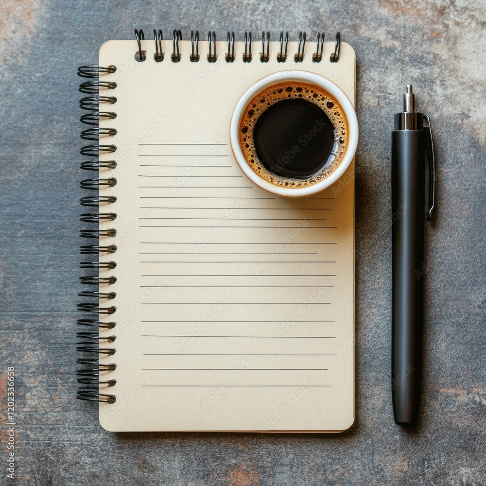 Poster coffee mug and notepad resting on a textured surface during a quiet morning writing session. generat