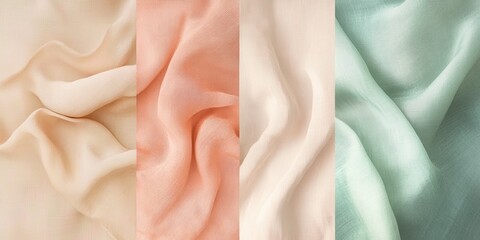 Pastel fabrics in beige, peach, ivory, and mint green display their delicate textures, offering inspiration for creative textile design