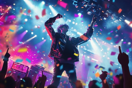 K Pop idol captivates fans during electrifying performance at a vibrant concert venue. Generative AI