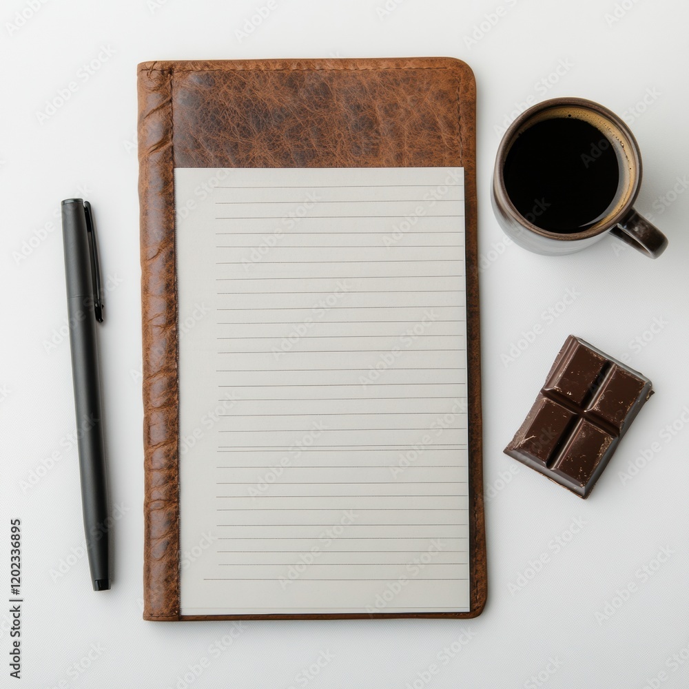 Poster notebook and coffee with dark chocolate on a clean table during morning hours of a quiet work sessio