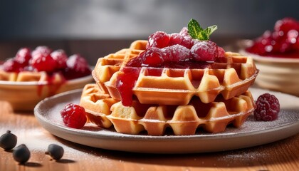selective focus on home made sourdough waffles crowned with berry sauce for a nutritious breakfast consists of a duplicate area photo