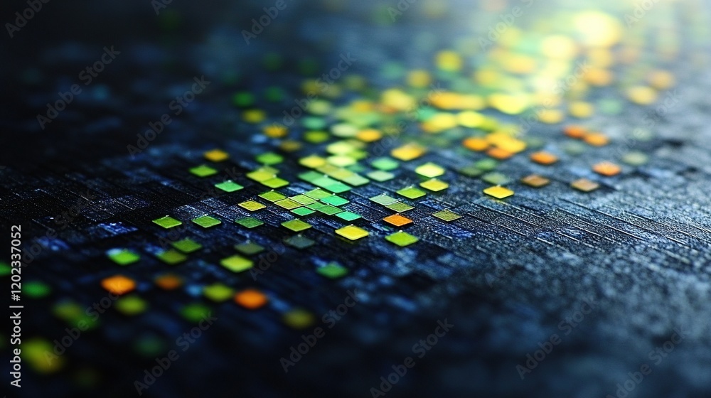 Poster colorful pixel data stream on dark textured surface