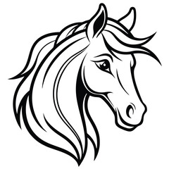 A majestic and graceful horse head in minimalist line art, featuring flowing curves and sharp details to represent strength and freedom.