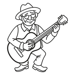Line drawing of a musician old man playing guitar vector illustration
