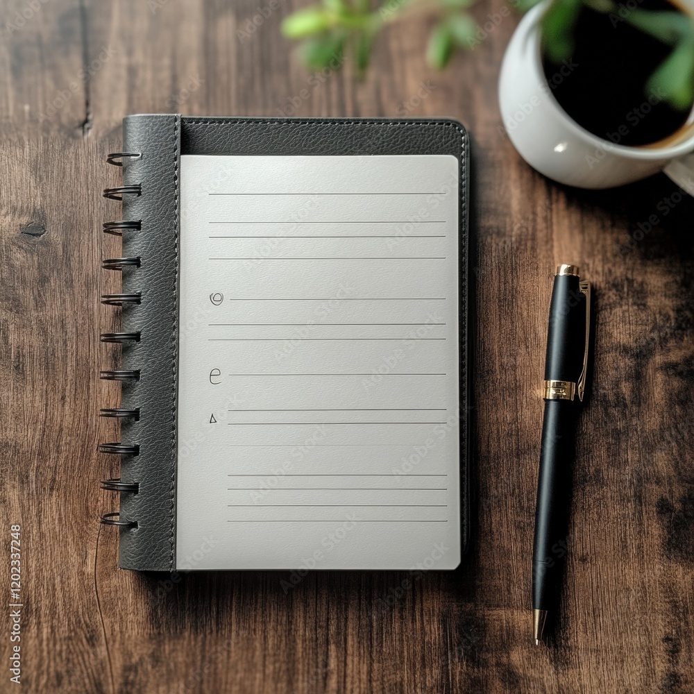 Poster notebook and pen on wooden table with a plant in the background during a calm morning setting. gener