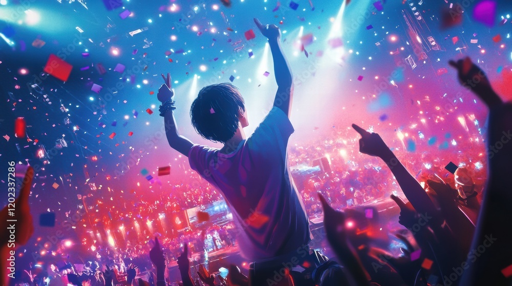 Poster k pop idol captivates audience with energetic performance at a vibrant concert. generative ai