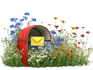 Isolated Red Mailbox in Flower Garden