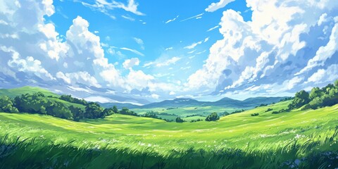 Obraz premium Lush green hills stretch across the horizon, dotted with trees and bathed in sunlight, while fluffy white clouds float in the clear blue sky
