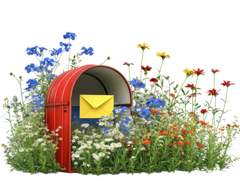 Isolated Red Mailbox in Flower Garden