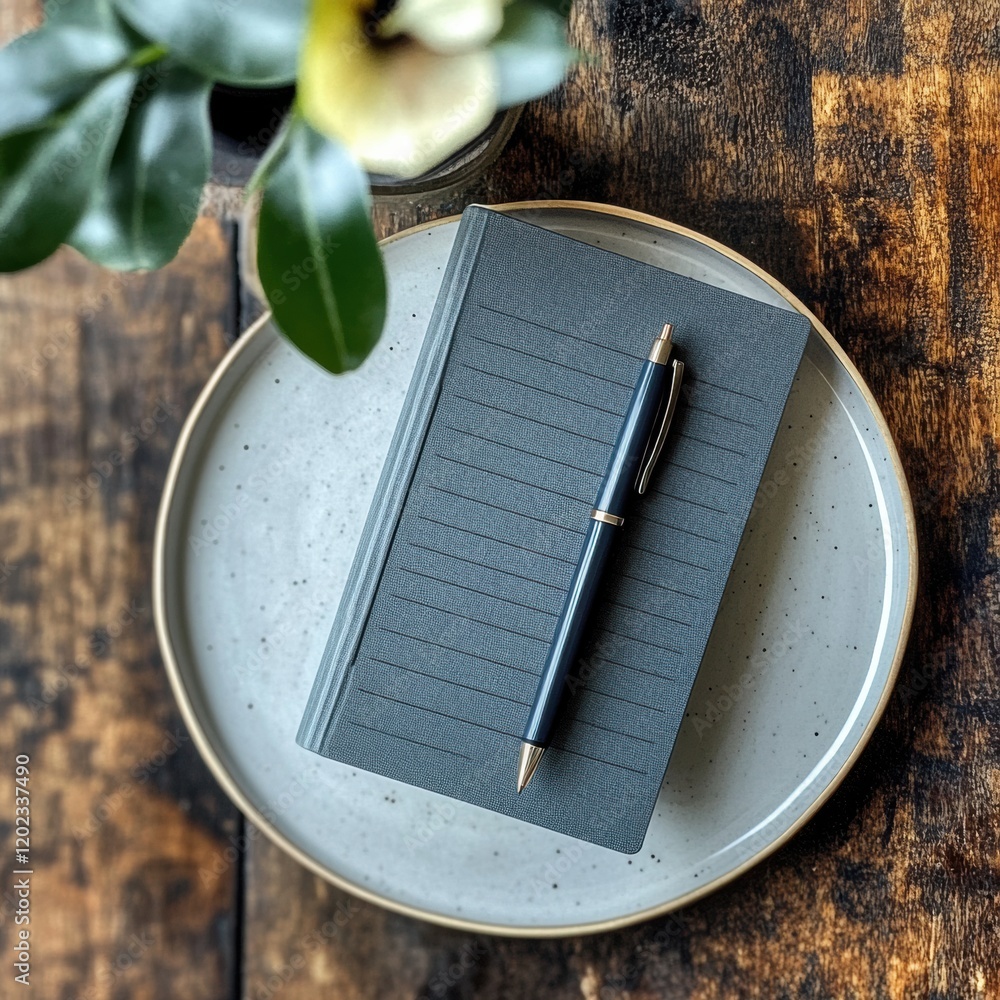Poster stylish notebook and pen arranged on a decorative plate with a plant in soft light setting on a wood